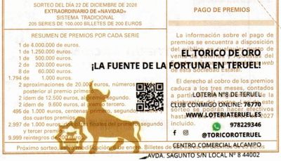 Reverso de un d&eacute;cimo de Navidad con el sello de una administraci&oacute;n de loter&iacute;as de Teruel